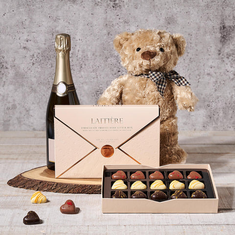 Champagne & Teddy Gift Board, champagne gift, champagne, sparkling wine gift, sparkling wine, chocolate gift, chocolate, teddy bear gift, teddy bear, plush gift, plush, gourmet gift, gourmet