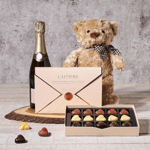 Champagne & Teddy Gift Board, champagne gift, champagne, sparkling wine gift, sparkling wine, chocolate gift, chocolate, teddy bear gift, teddy bear, plush gift, plush, gourmet gift, gourmet