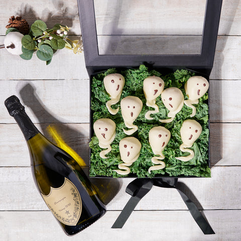 Chocolate Dipped Strawberries Halloween Celebration, Halloween Snack crate, Halloween gift baskets, halloween, holiday gift, holiday, chocolate dipped strawberries, chocolate covered strawberries, sparkling wine, sparkling wine gift, champagne gift, champagne