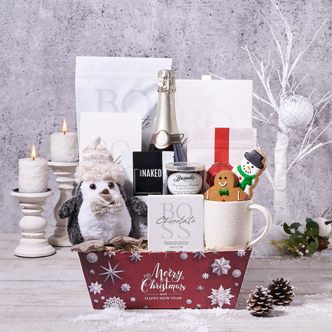 Christmas Cocoa & Treat Gift Basket, gourmet gift, gourmet, sparkling wine gift, sparkling wine, champagne gift, champagne, holiday gift, holiday, christmas gift, christmas