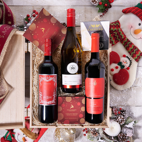 Christmas Wine Trio, candy, chocolate, chocolate bar,  christmas,  Christmas Cookie,  Christmas set,  gourmet,  wine,  wooden box, christmas Wine Trio, Wine Box Trio delivery