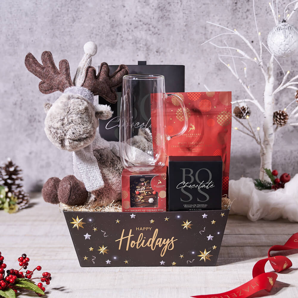 Winter’s Night Chocolate & Plush Gift Tray, christmas gift, christmas, holiday gift, holiday, gourmet gift, gourmet, hot chocolate gift, hot chocolate