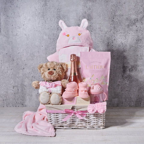 Cozy Celebration Baby Girl Gift Basket, baby gift, baby, baby girl gift, baby girl, baby shower gift, baby shower, sparkling wine gift, sparkling wine, champagne gift, champagne