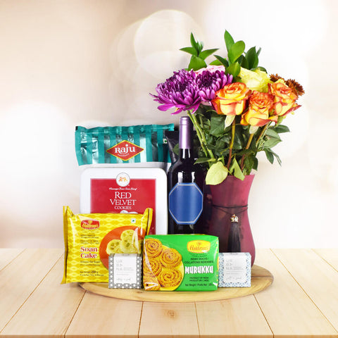 MOUTHWATERING DIWALI GIFT BASKET WITH WINE, Diwali gift basket, Diwali hampers, gourmet gift baskets, corporate Diwali gifts