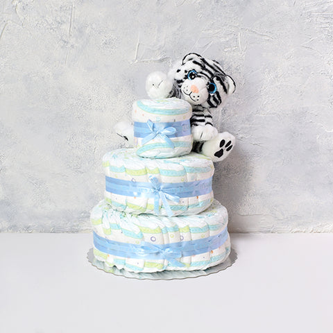 White Tiger & Diaper Cake Gift Set, baby gift baskets, baby gifts, gift baskets