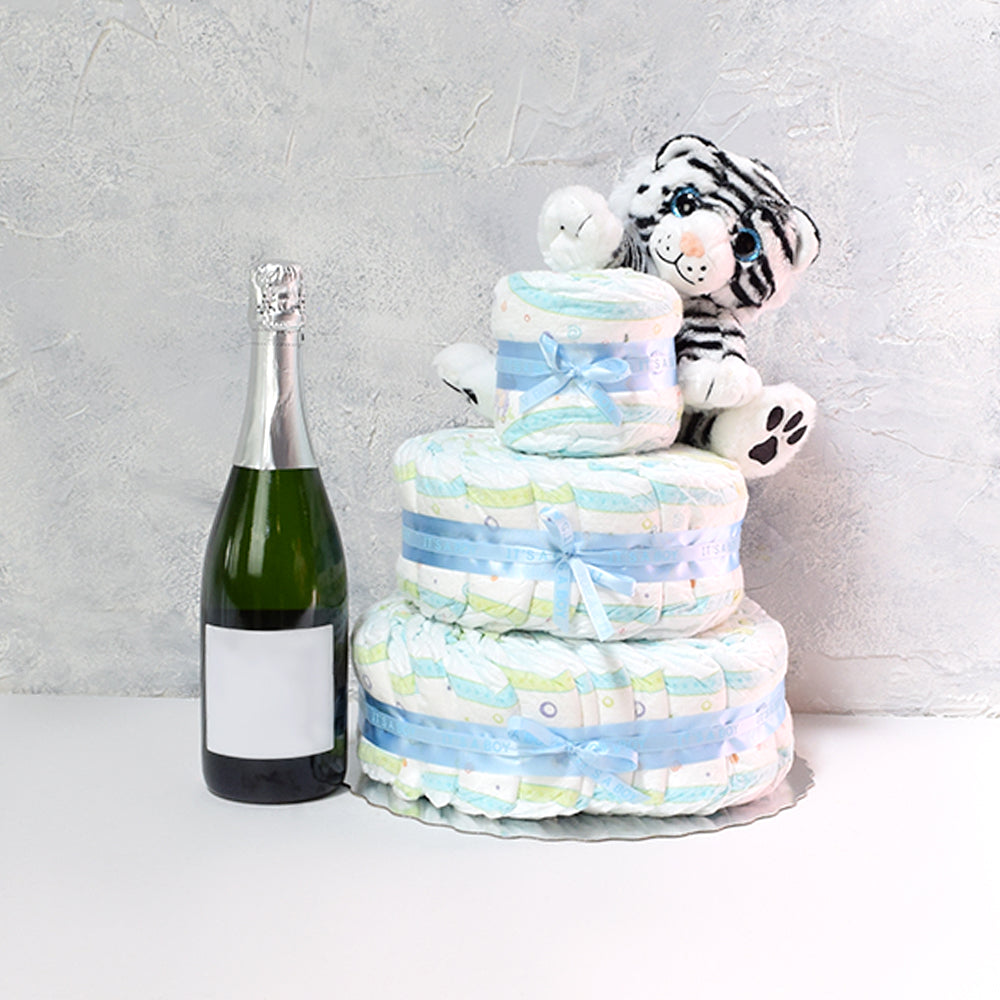 White Tiger & Diapers Champagne Gift Set, baby gift baskets, champagne gift baskets