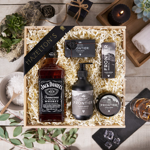 liquor gift crate, jack daniels, spa gift crate, skincare, bath and body, lavender, spa, spa gift crate delivery, delivery spa gift crate, jack daniels crate canada, canada jack daniels crate, toronto