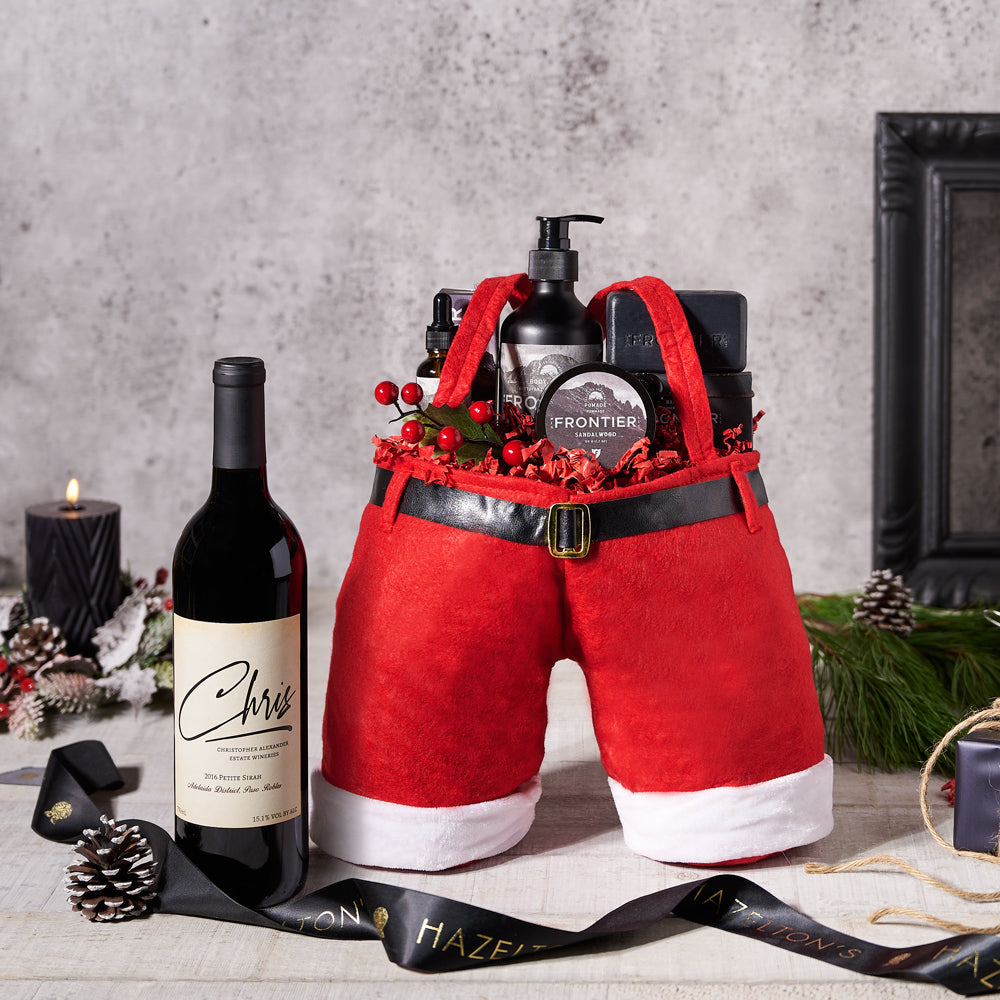 Santa's Shave &amp; Wine Gift Set, Christmas gift baskets, gifts for guys, wine gift baskets, spa gift baskets
