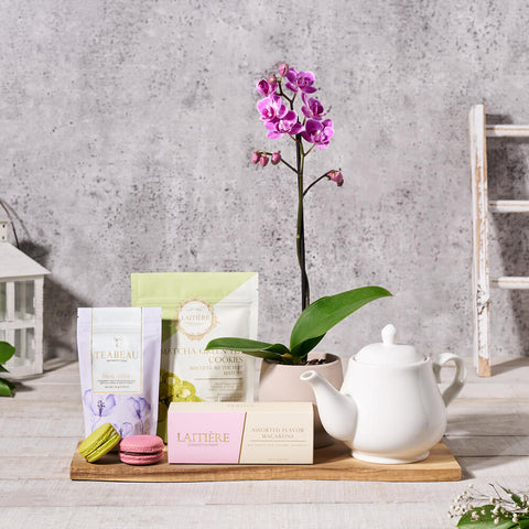 Easter Cookies & Tea Gift Basket, tea gift, tea, cookie gift, cookie, orchid gift, orchid, gourmet gift, gourmet