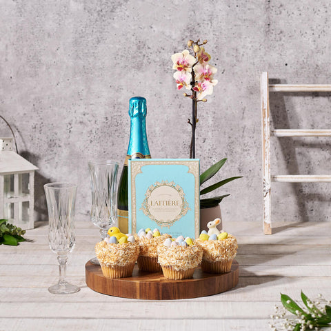 Easter Orchid Gourmet Gift Basket, champagne gift, champagne, sparkling wine gift, sparkling wine, cupcake gift, cupcake, gourmet gift, gourmet