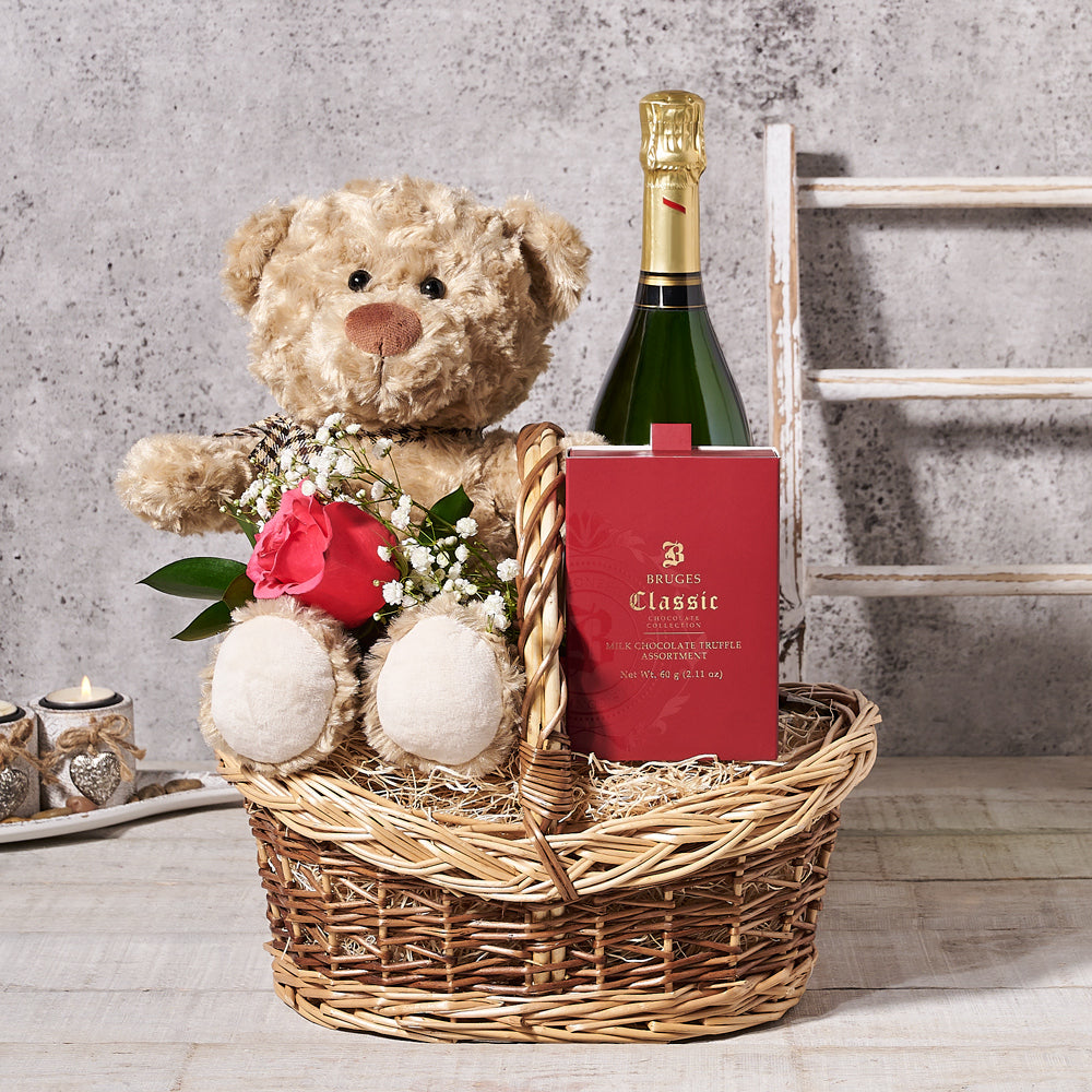 Bear & Bubbly Valentine’s Gift Basket, Valentine's Day gifts, sparkling wine gifts, chocolate gifts, plush gifts