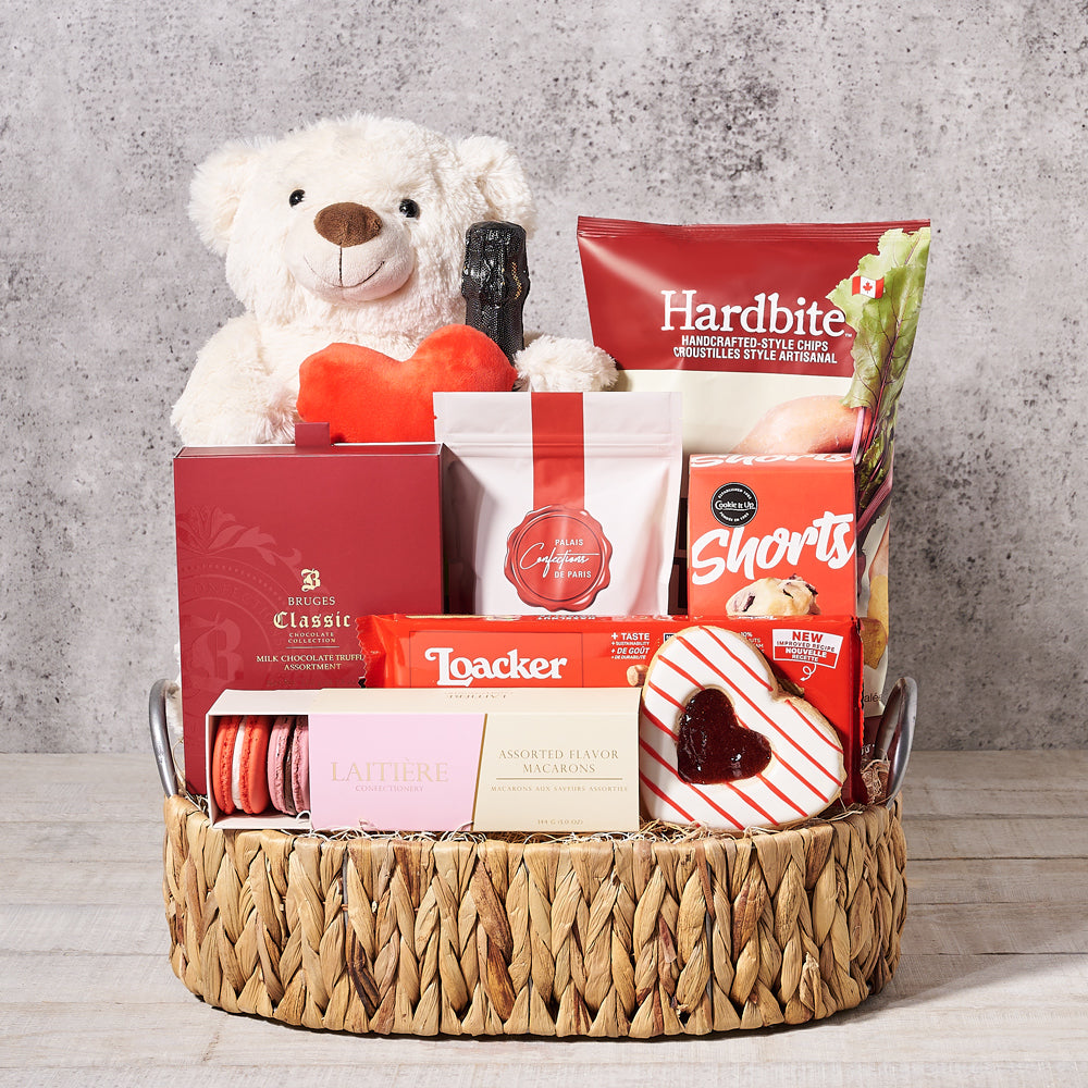"Celebrating Love" Gift Basket, Valentine's Day gifts, sparkling wine gifts, plush gifts