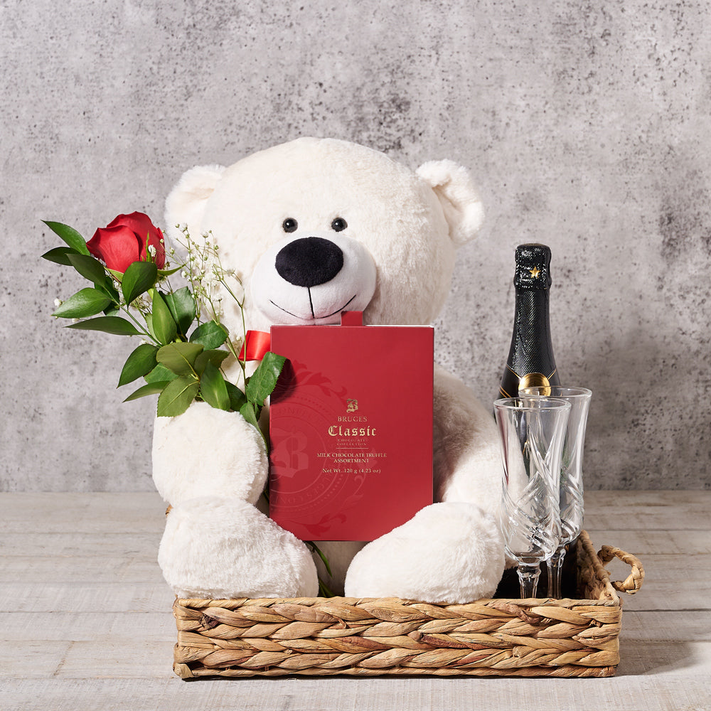 Ardent Bear & Champagne Gift Basket, Valentine's Day gifts, rose gifts, plush gifts, sparkling wine gifts