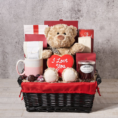 Love & Chocolate Gift Basket, Valentine's Day gifts, plush gifts, chocolate gifts