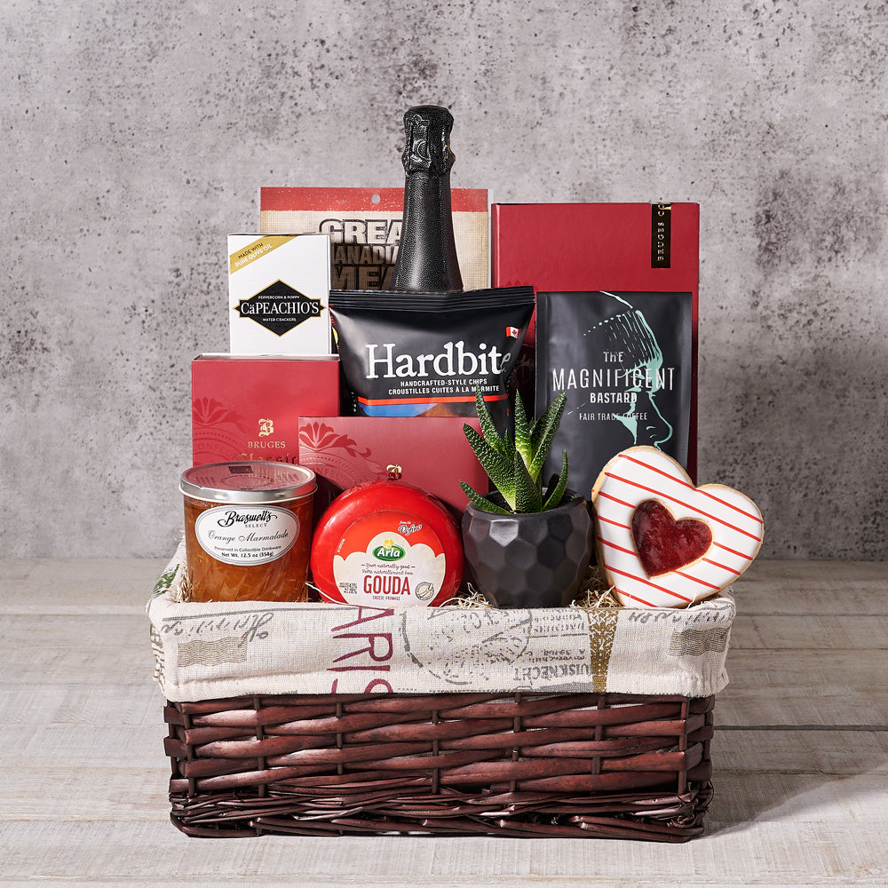 Valentine’s Day Planter Gift Basket With Champagne, Valentine's Day gifts, sparkling wine gifts
