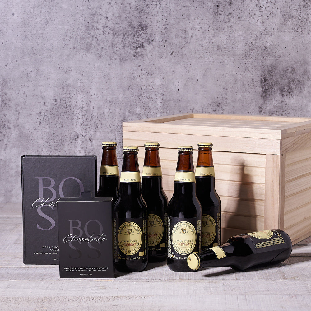 Guinness &amp; Chocolate Pairing Crate, beer gift baskets, chocolates, guinness beer, beer gift crate, beer gift set, father's day gift baskets