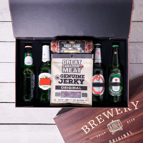 Cold Ones & Meaty Feast Gift Box, beer gifts, beef jerky, gourmet snacks, salami