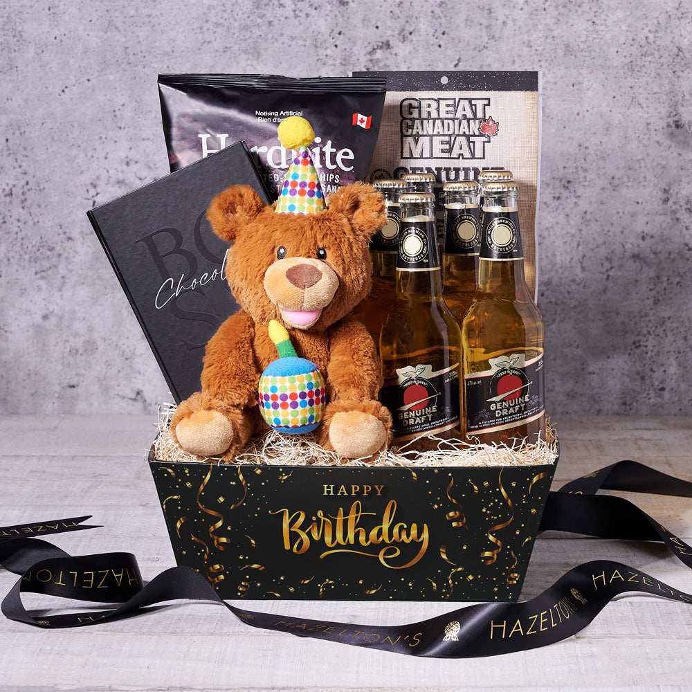 Beary Happy Birthday Gift Basket, plush gifts, beer gifts, chocolate gifts, gourmet snacks, gourmet gift baskets
