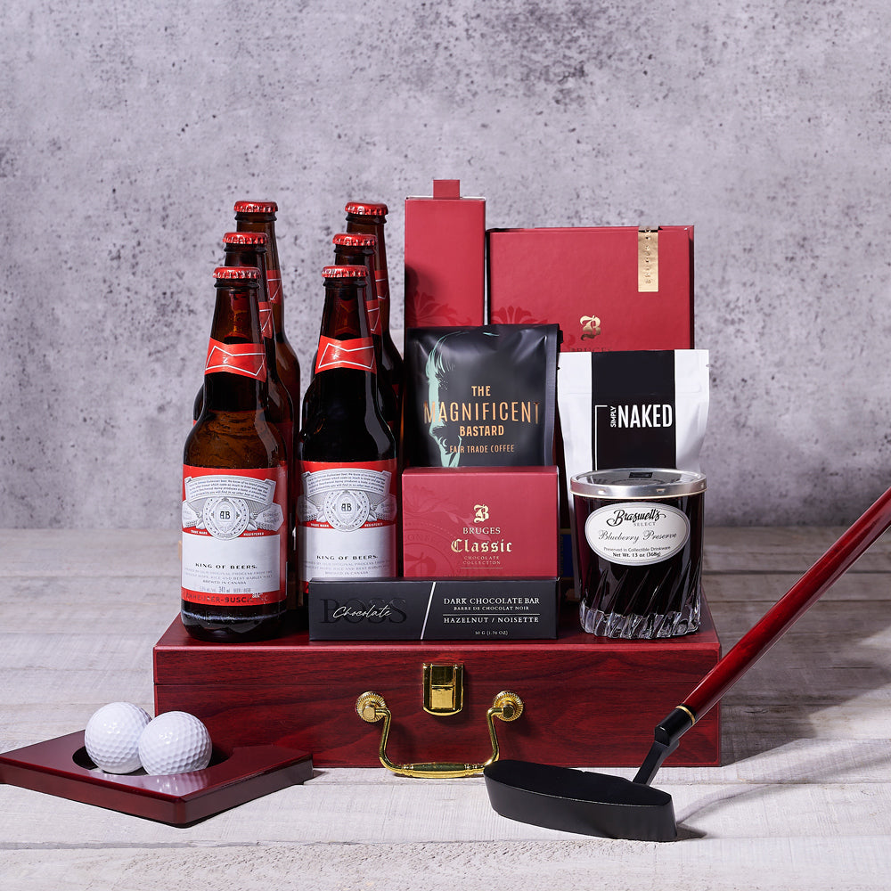 Dad’s Fairway Escape Gift Set, beer gift basket, gourmet gift basket, chocolate gift basket, golf putting set