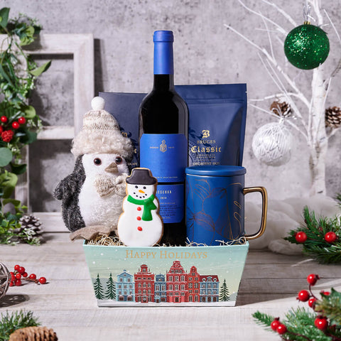 Frosty Wine & Treats Gift Basket, wine gift, wine, christmas gift, christmas, holiday gift, holiday, gourmet gift, gourmet