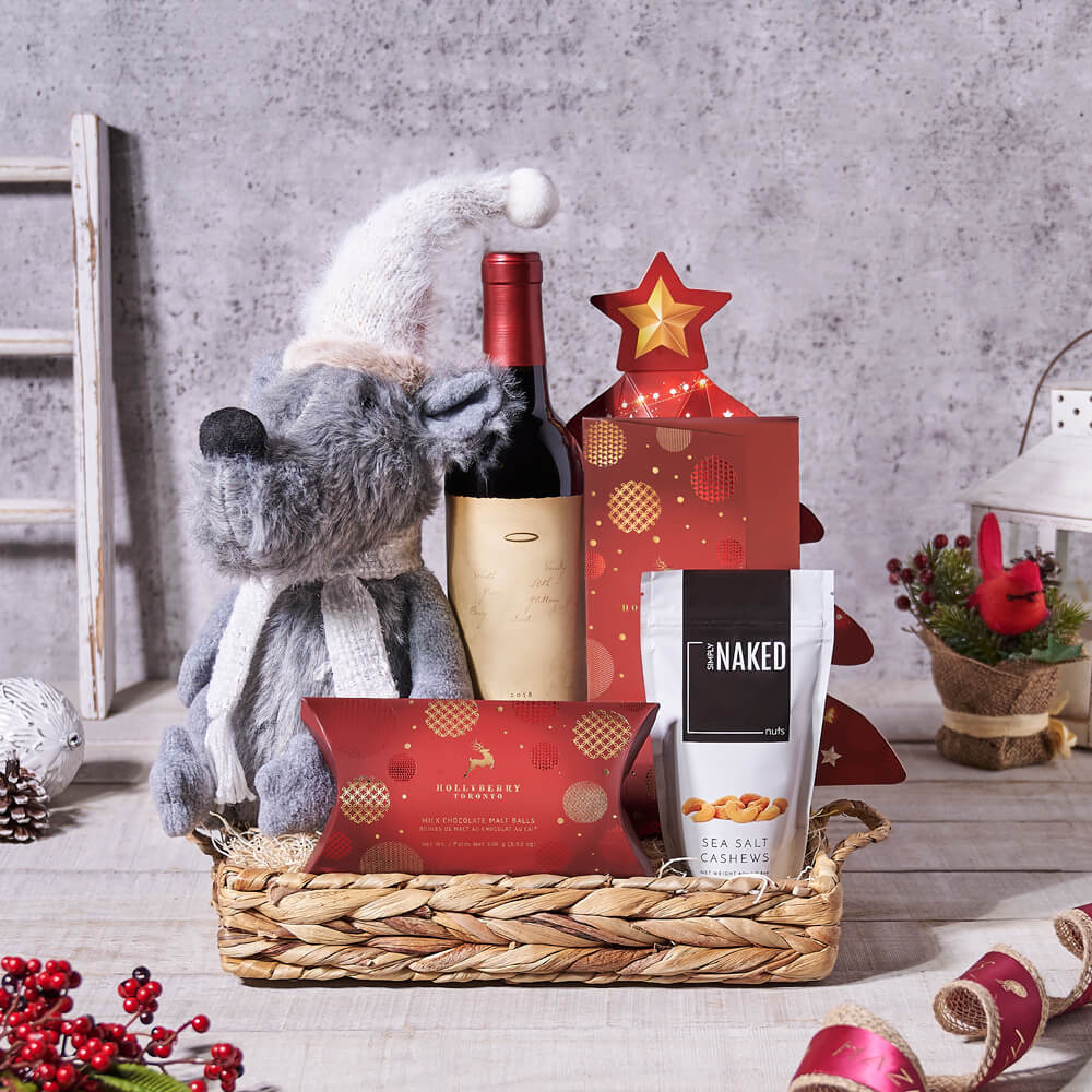 Happy Holiday Mouse Gift Basket, christmas gift, christmas, holiday gift, holiday, gourmet gift, gourmet, wine gift, wine