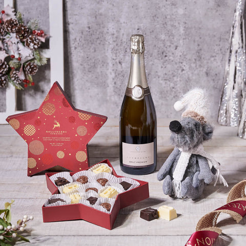 Holiday Champagne Celebration Basket, christmas gift, christmas, holiday gift, holiday, chocolate gift, chocolate, sparkling wine gift, sparkling wine, champagne gift, champagne