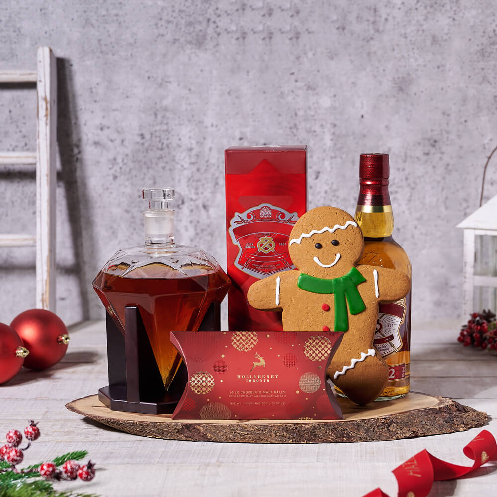 Holiday Liquor Decanter & Treats Gift Basket, christmas gift, christmas, holiday gift, holiday, liquor gift, liquor, chocolate gift, chocolate, decanter gift, decanter