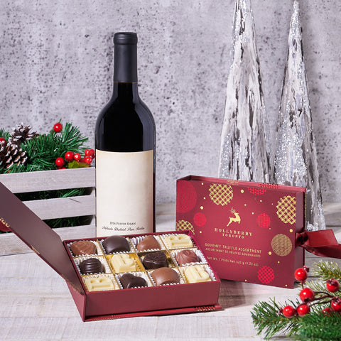 Holiday Wine & Chocolate Gift Basket, Gourmet Gift Baskets, Wine Gift Baskets, Christmas Gift Baskets, Xmas Gifts, Truffles, Wine, Canada Delivery