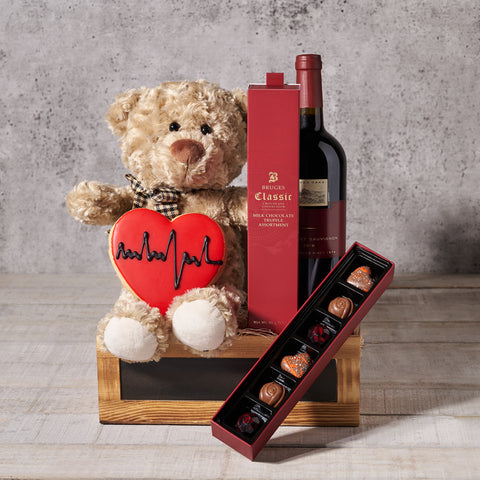 Be My Valentine Wine Basket, Valentine's Day gifts, plush gifts, cookie gifts