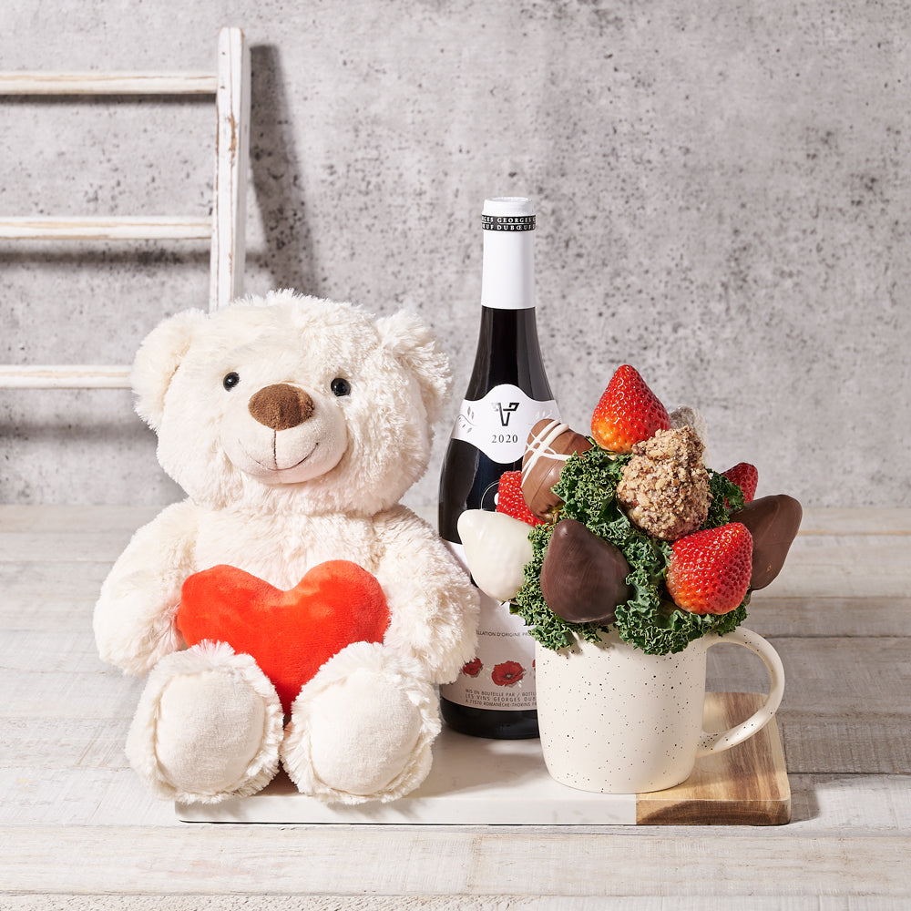 The Chocolate Dipped Strawberries Mug Set with Wine, Valentine's Day gifts, chocolate covered strawberries, plush gifts, sparkling wine gifts