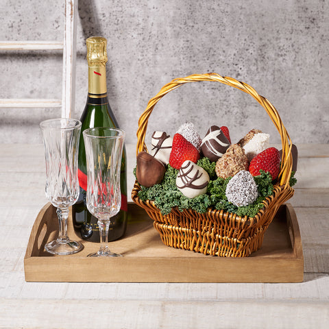 Champagne & French Chocolate Dipped Strawberries Bouquet, Valentine's Day gifts, chocolate covered strawberries, sparkling wine gifts