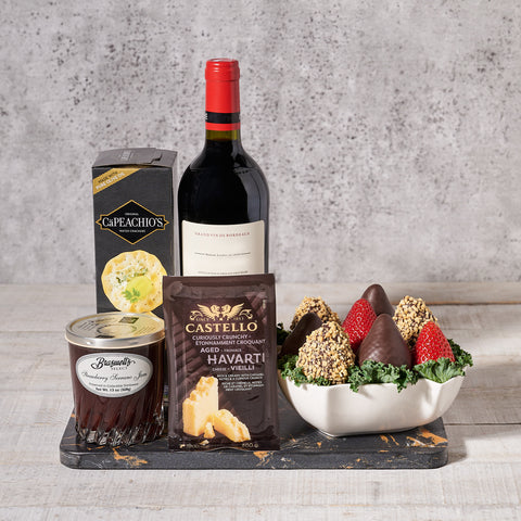 ‘Be Mine’ Wine & Cheese Valentine’s Day Gift Set, Valentine's Day gifts, chocolate covered strawberries