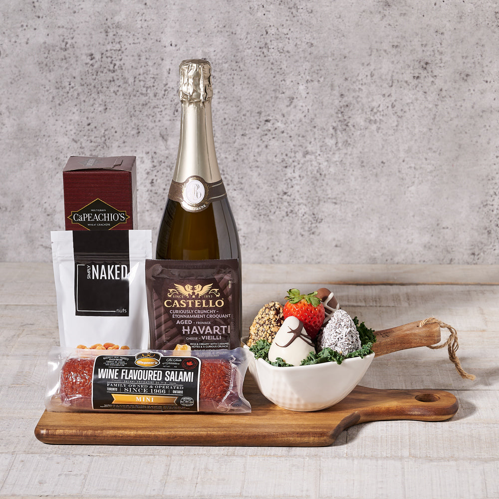 Strawberries & Champagne Valentine’s Basket, Valentine's Day gifts, sparkling wine gifts, chocolate covered strawberries