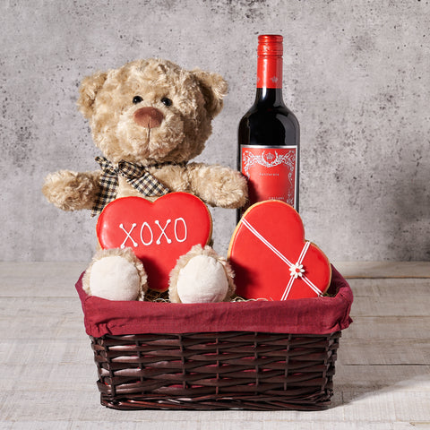 Wine & Bear Valentine’s Day Basket, Valentine's Day gifts, wine gifts, plush gifts, cookie gifts