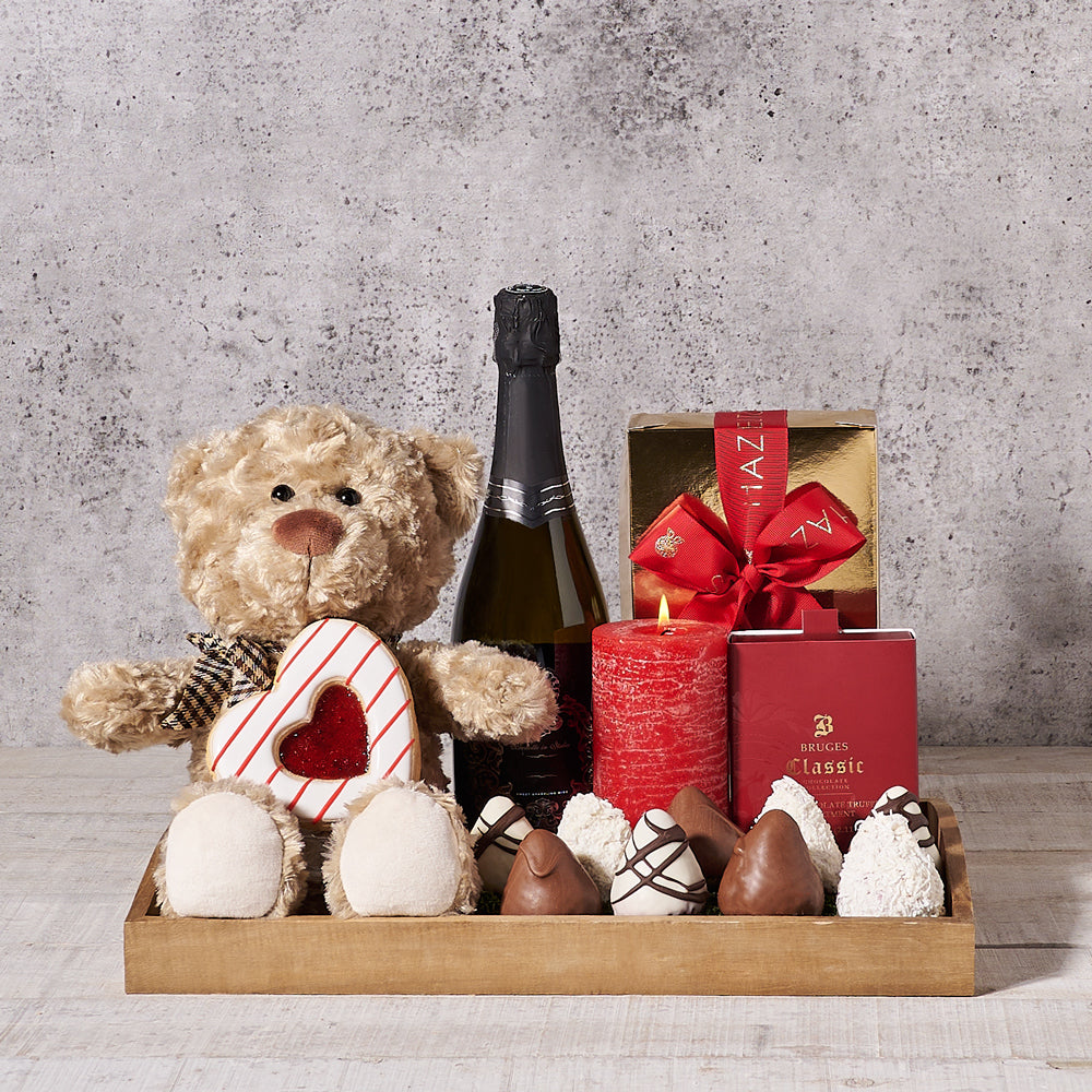 You Have My Heart Gift Basket, Valentine's Day gifts, chocolate covered strawberries, plush gifts, sparkling wine gifts