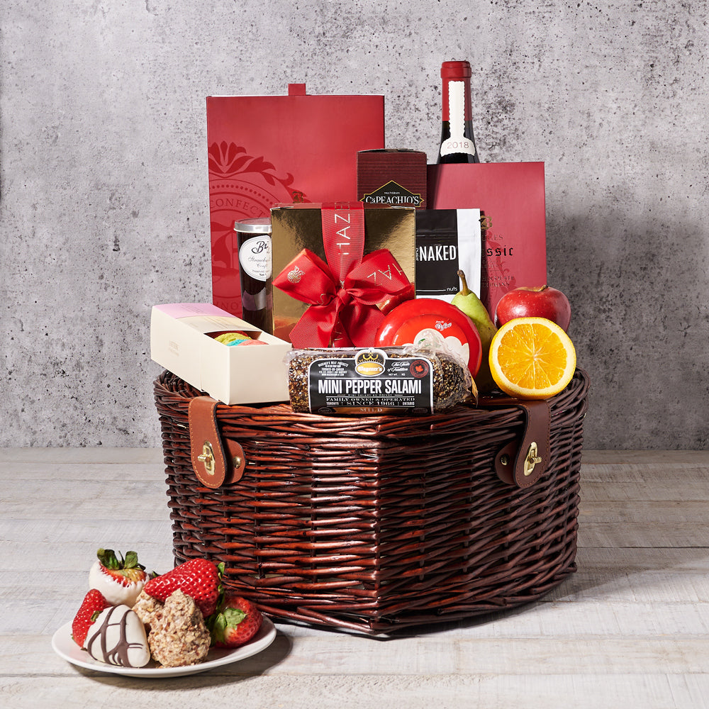 Romantic Picnic For 2 Gift Basket, Valentine's Day gifts, chocolate gifts, chocolate covered strawberries