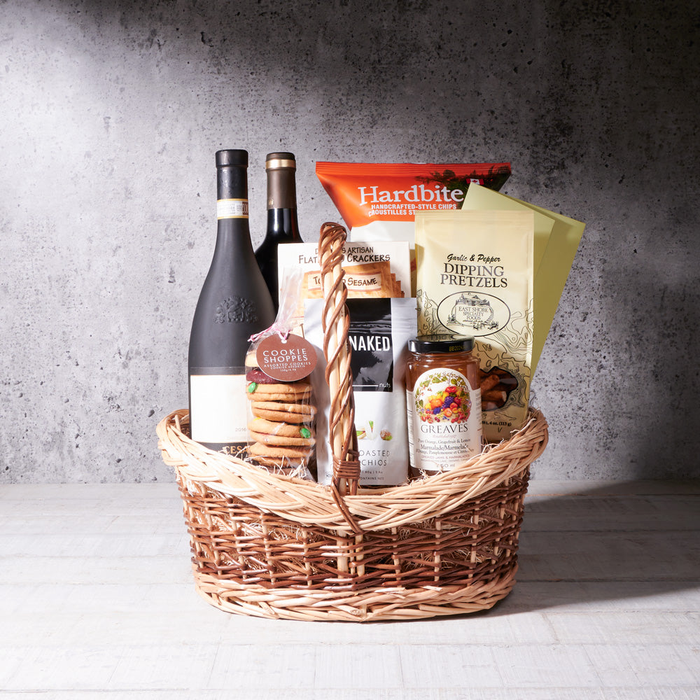 The Simple Delights Savory Basket, Wine Gift Baskets, two Wines, Gourmet Gift Baskets, Canada Delivery
