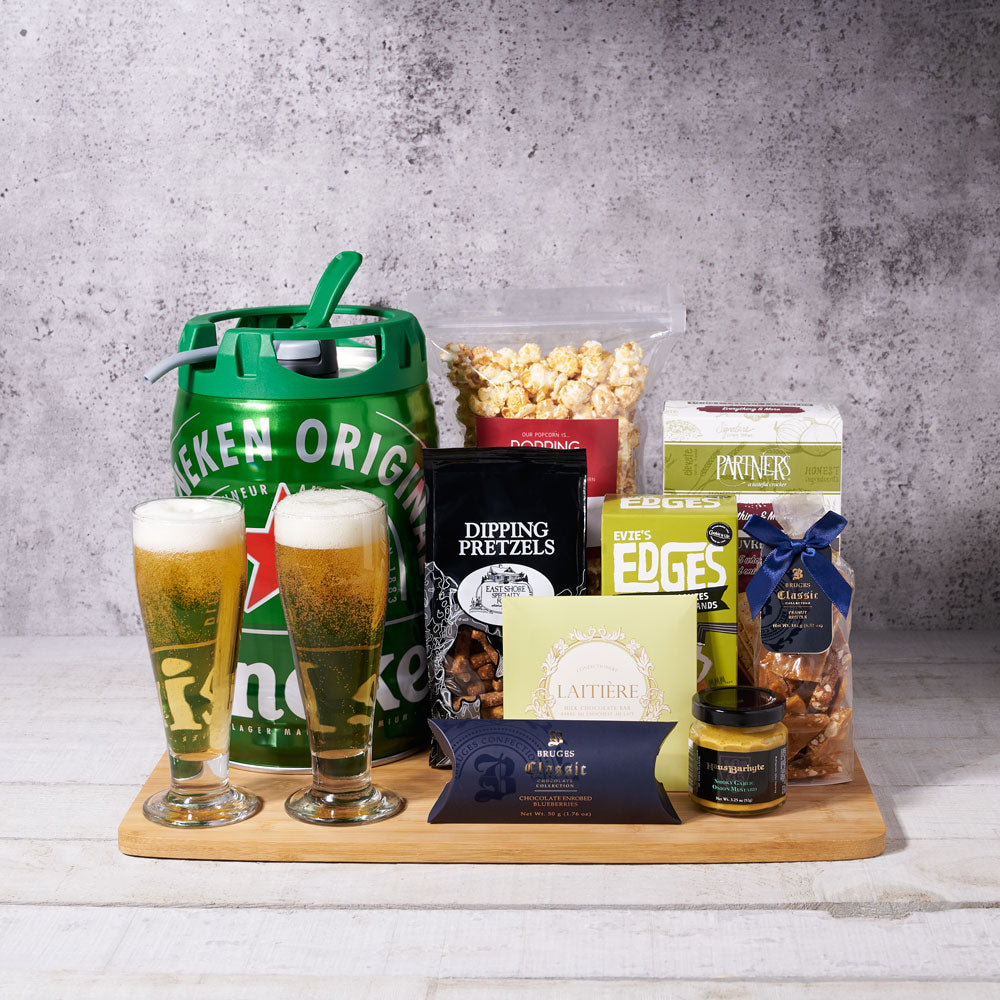 Heineken Beer Keg &amp; Pub Snack Gift Tray, beer gift sets, gourmet gifts, heineken, beer keg, beer, chocolate, pretzels, peanuts, snacks, Canada Delivery
