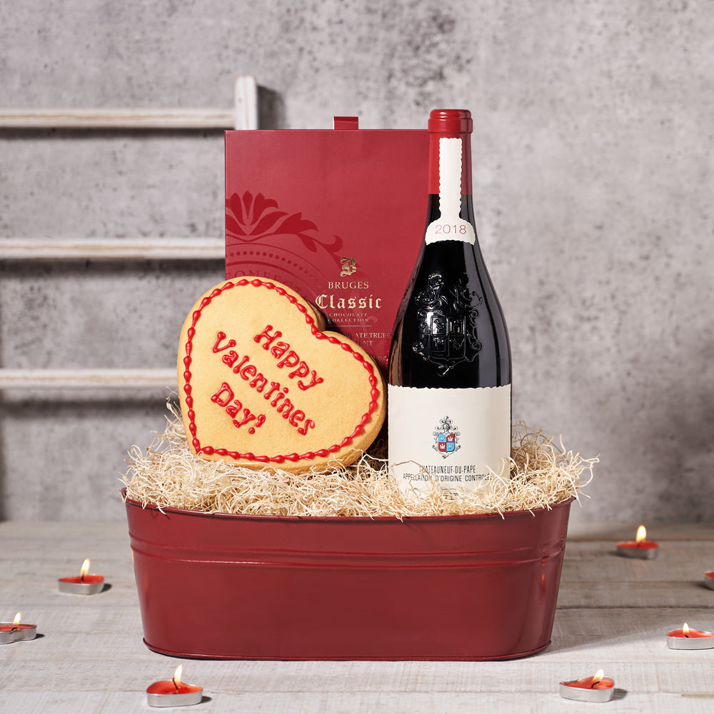 Valentine’s Day Cookie & Wine Gift Basket, Valentine's Day gifts, cookie gifts, wine gifts