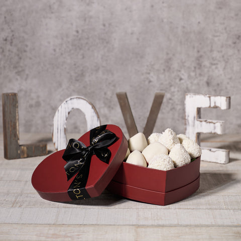 White Chocolate Strawberries Box, chocolate gifts, Valentine's Day gifts, white chocolate gifts, heart shaped box