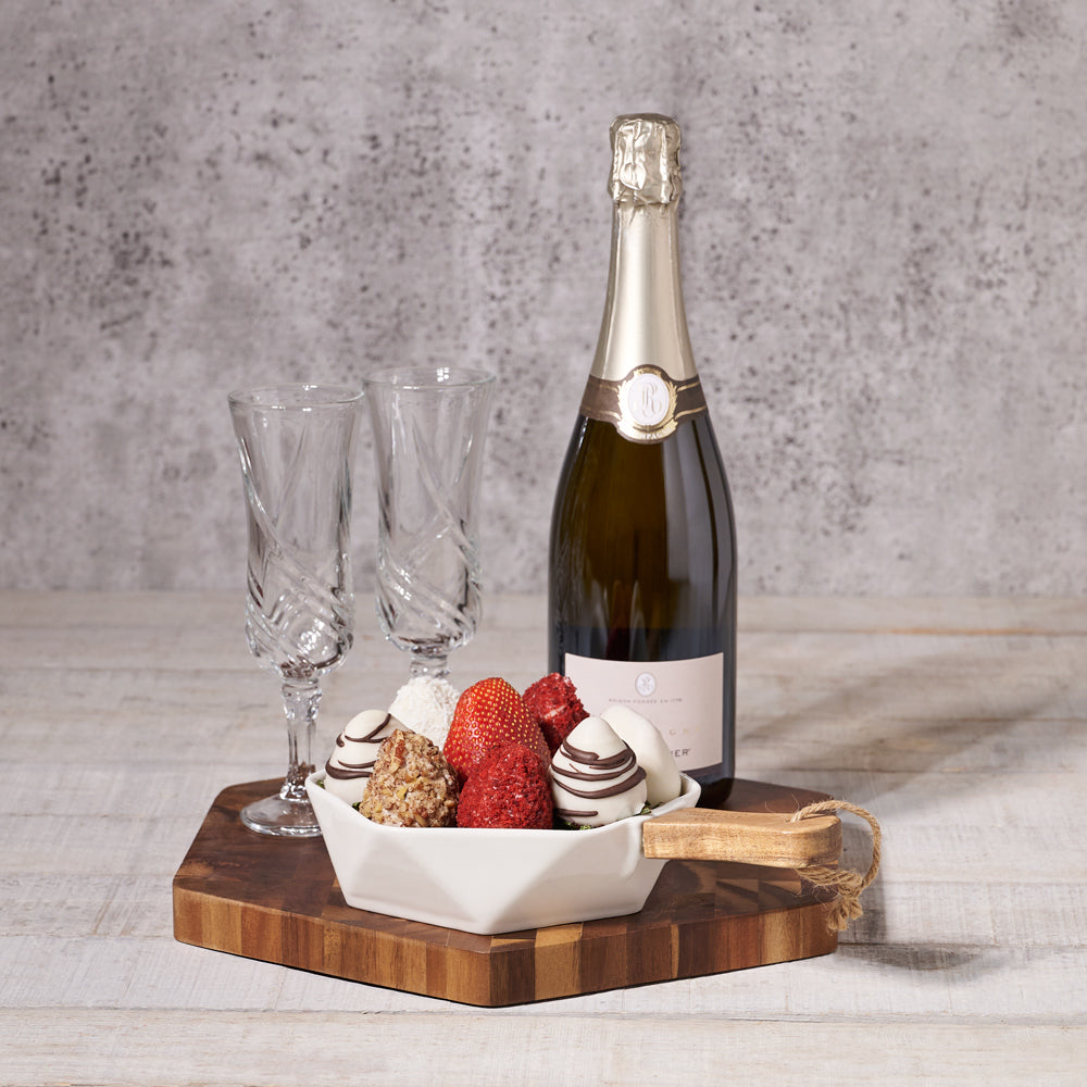 Champagne & Deluxe Chocolate Dipped Strawberries Dish, Valentine's Day gifts, chocolate dipped strawberries, sparkling wine gifts