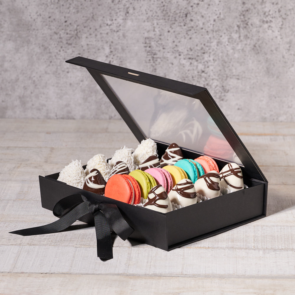 Chocolate Strawberry & Macaron Gift Box, Valentine's Day gifts, chocolate covered strawberries