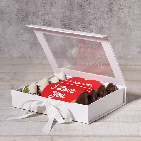 Dainty Valentine Cookie & Chocolate Strawberry Gift Set, Valentine's Day gifts, chocolate covered strawberries
