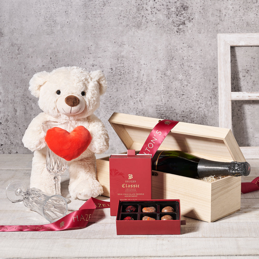 Whispering Heart Wine &amp; Sweets Set, Valentine's Day gifts, plush gifts, sparkling wine gifts, chocolate gifts