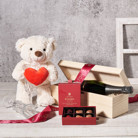 "The Perfect Toast" Gift Basket, Valentine's Day gifts, plush gifts, sparkling wine gifts, chocolate gifts