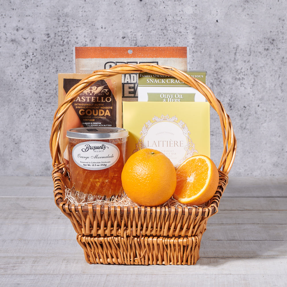 The Bright Orange Pantry Treats Basket, Delish Appetizers Gift Basket, gourmet gift, gourmet, fruit gift, fruit