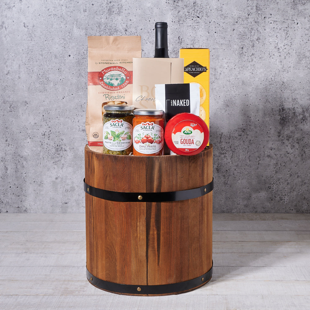 Italian Luxury Wine Gourmet Gift Barrel, gourmet gift, gourmet, wine gift, wine, pasta gift, pasta, dinner gift, dinner