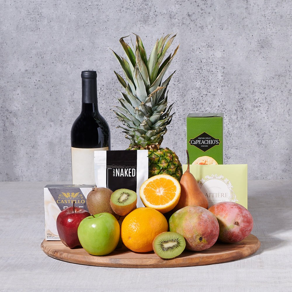 Wine & Snack Basket, wine gift, wine, gourmet gift, gourmet, fruit gift, fruit
