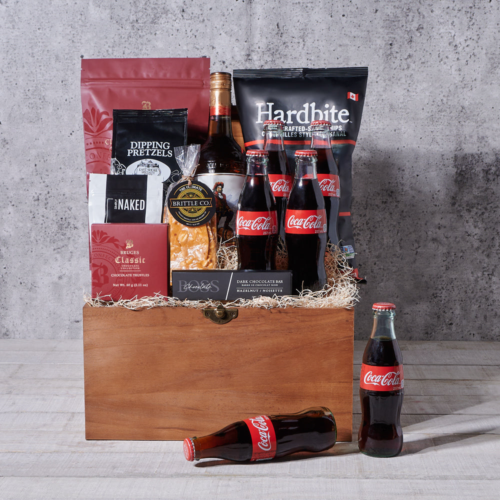 Liquor &amp; Snack Stack Treasure Box, liquor gift baskets, gourmet gift baskets, gift baskets, gourmet gifts