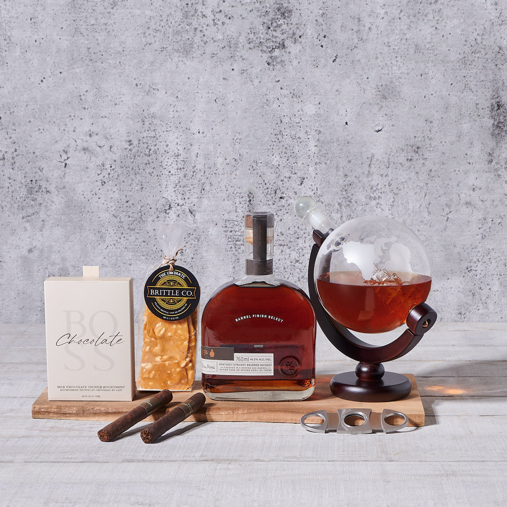 Heritage Whiskey Decanter & Cigar Gift Board, liquor gift, liquor, liquor gift basket, decanter gift, decanter, decanter gift basket